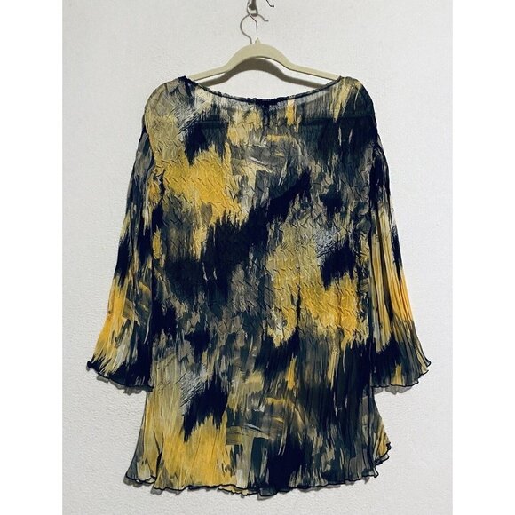 Alberto Makali Top Womens Large Yellow Black Artsy Boho Crinkly Flowy Sheer Boho - Picture 3 of 6